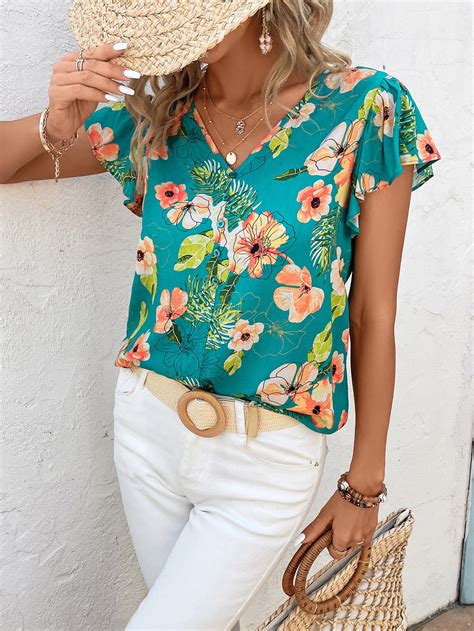 Shein Vcay Blusa Con Estampado Floral De Manga Mariposa Moda De Mujer