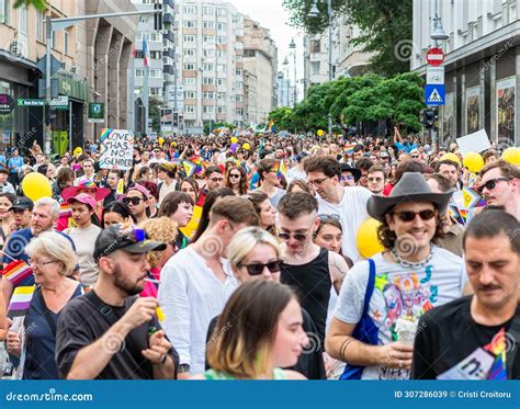 Crowd Of People Attending At Lgbtq Pride Parade Rally In Bucharest