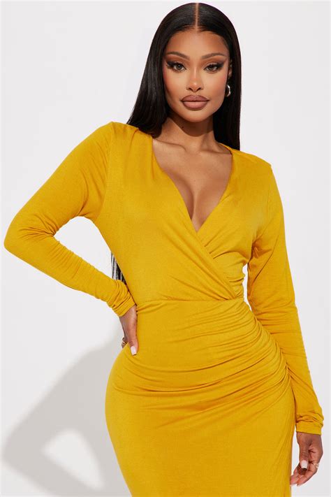 Claire Ruched Midi Dress Mustard Fashion Nova