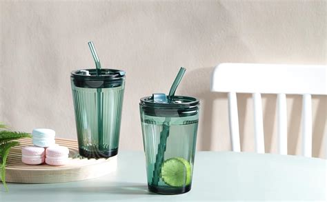 Joeyan 450ml Green Glass Cup With Straw And Lid Set Of 2 Smoothie Cups With Straw Colored