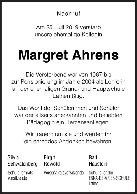 Traueranzeigen Von Margret Ahrens Noz Trauerportal