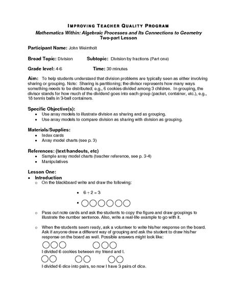 Division By Fractions Part One Lesson Plan For 4th 6th Grade Lesson Planet