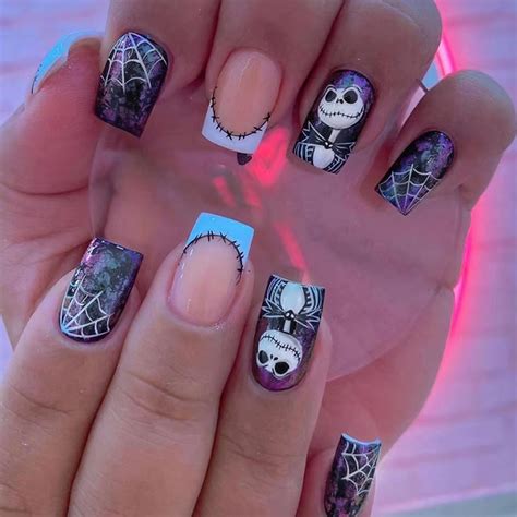 Press On Nails Medium Length Spiderweb Skull Square Fake Nails French