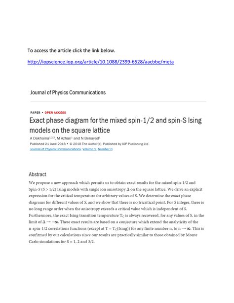 PDF Exact Phase Diagram For The Mixed Spin 1 2 And Spin S Ising