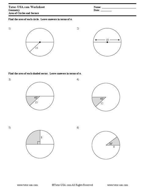 Free Geometry Worksheet Area Of Circles And Sectors PDF