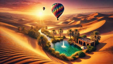 Hot Air Balloon Flying Over Oasis And Des Stock Image Image Of View Travel