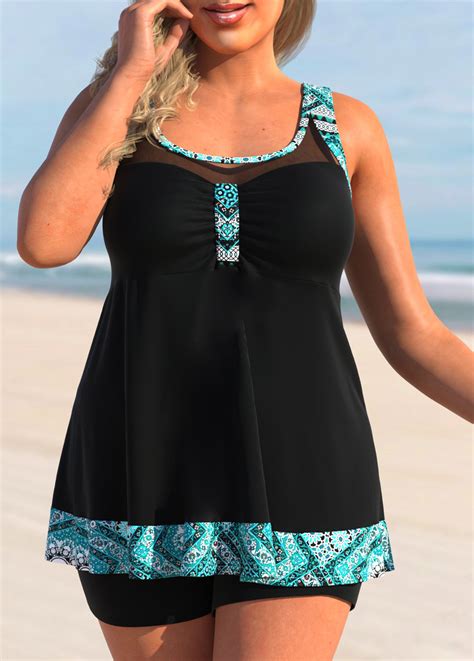 ROTITA Plus Size Mesh Tribal Print Black Tankini Top Rotita USD