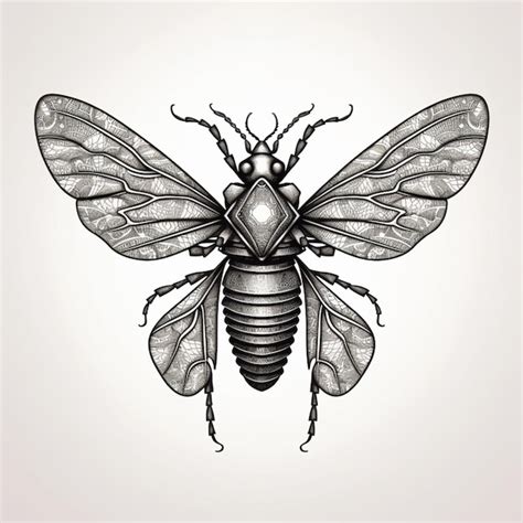 Un Dibujo En Blanco Y Negro De Una Abeja Con Alas Ornamentadas Foto