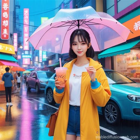 Woman With Umbrella And Bubble Tea In City Stable Diffusion Online