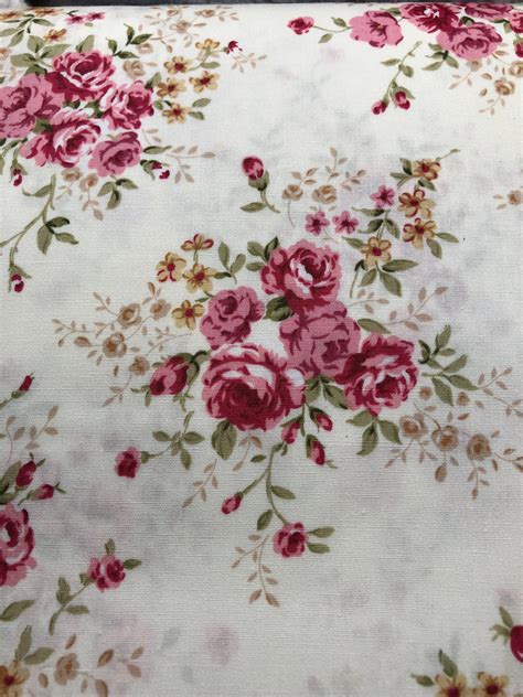 Pink Rose Floral Fabric Pink And Ivory Cotton Fabric Rose Etsy