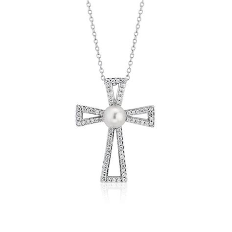 Freshwater Cultured Pearl And Diamond Cross Pendant In K White Gold