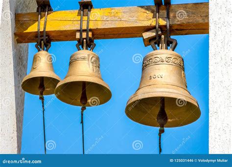 Three Bells Different Sizes On The Bell Tower Of The Orthodox Ch Stock