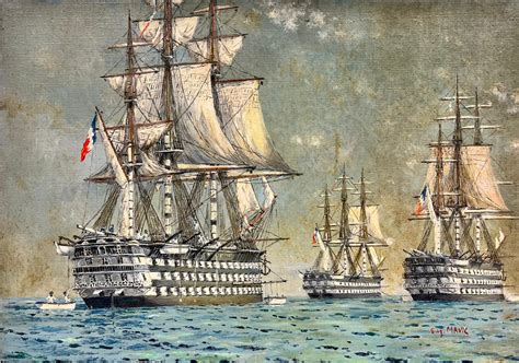 French School Three Masted Tall Ships At Sea Napoleonic Wars Period