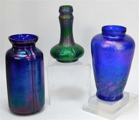 3 Kralik Oil Spill Bohemian Art Glass Vases