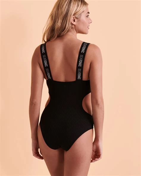 Seatonic Rib Side Opening One Piece Swimsuit Black Bikini Village