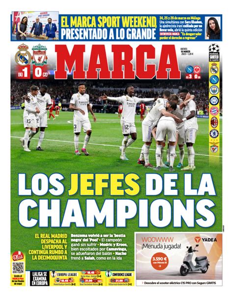 Clラウンド16第2戦リバプール戦翌日marca紙一面：los Jefes De La Champions（チャンピオンズリーグのボスたち