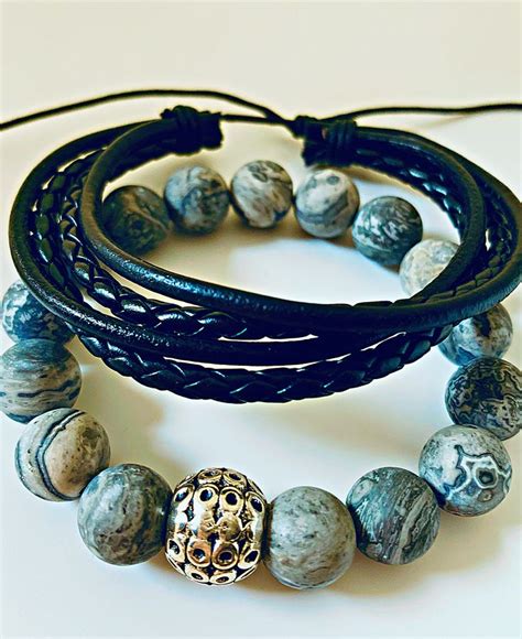 Men S Bracelet Leopard Skin Grey And Vegan Leather Mens Beaded