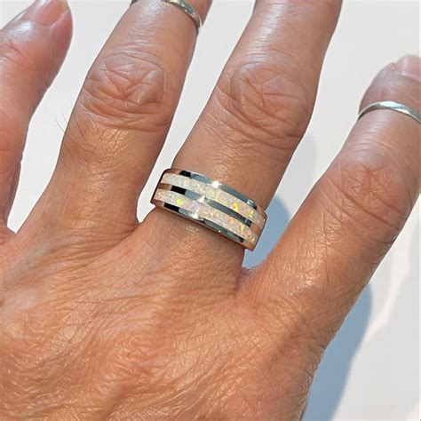 Sterling Silver White Lab Opal Wide Band Ring Wedding Band Opal Ring
