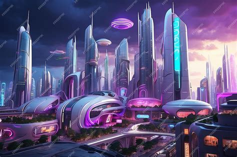 Ficción Panorámica Cyberpunk Futuristic City Con Letreros De Neón Y Luces De Neón Ciudad Con