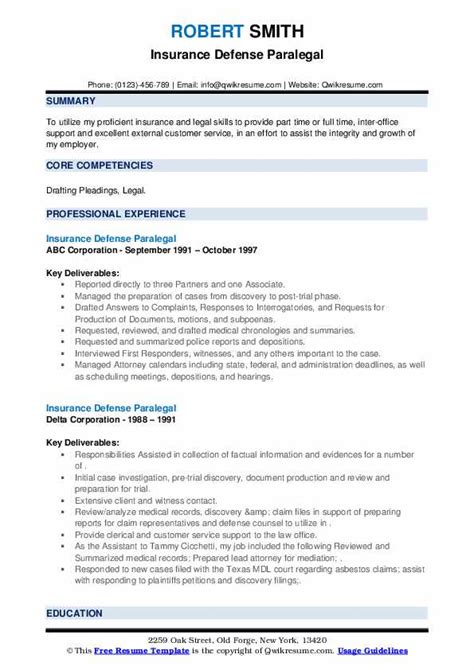 Insurance Defense Paralegal Resume Samples Qwikresume