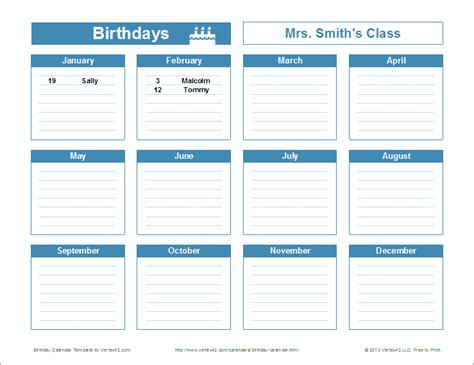 Office Birthday Calendar Template 2021