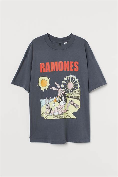 Printed T Shirt Round Neck Short Sleeve Dark Grey Ramones