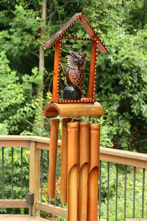 Handmade Wooden Owl House Bamboo Wind Chime Wood Hoot Patio Etsy