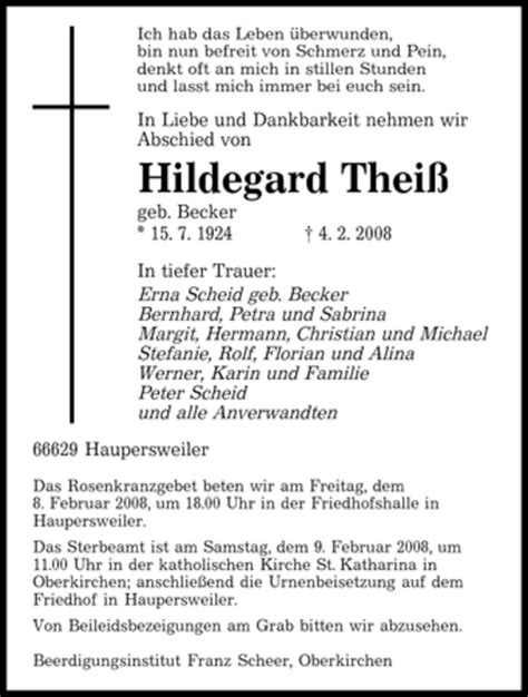 Traueranzeigen Von Hildegard Thei Saarbruecker Zeitung Trauer De