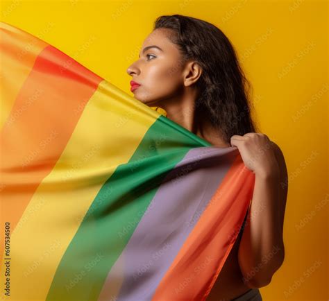 Expressive Generative AI Pride Photo Of Lesbian Woman With Rainbow Flag Patterns Inclusive