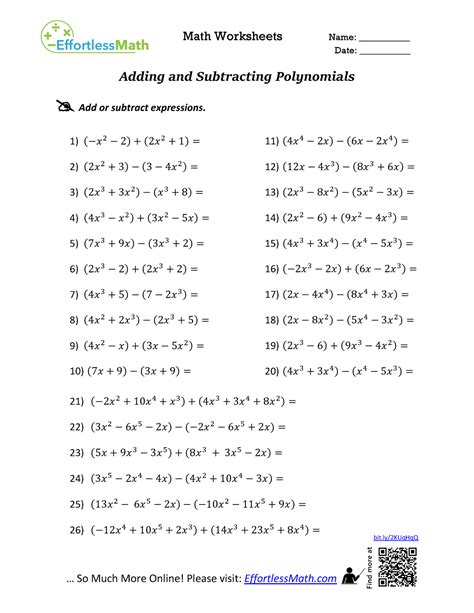 Adding And Subtracting Polynomials Math Worksheets Name