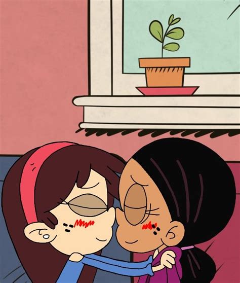 Two Cartoon Characters Kissing Each Other In Front Of A Potted Plant On A Window Sill