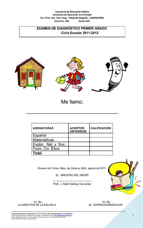 Evaluación Diagnostica Primero De Primaria Y Primer Grado