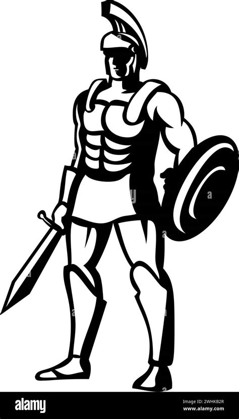 Roman Centurion Standing With Sword And Shield Front View Retro Style