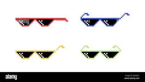 Vector Black And White Pixel Boss Glasses Icon Set In 8 Bit Retro Style Summer Meme Game Thug