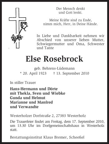 Traueranzeigen Von Else Rosebrock Trauer Kreiszeitung De