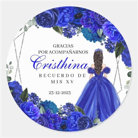 Pegatina Redonda Royal Blue And Silver Floral Quinceanera Zazzle