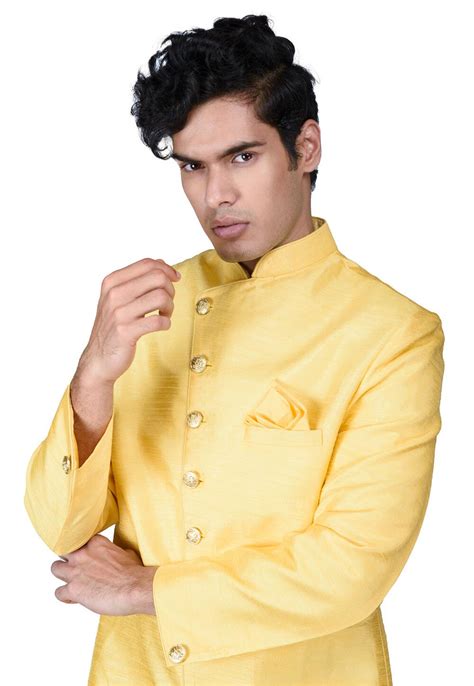 Solid Color Dupion Silk Dhoti Sherwani In Yellow Mqt