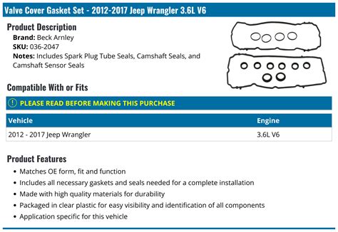 2012 2017 Jeep Wrangler Valve Cover Gasket Beck Arnley 036 2047