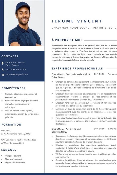 A Blue And White Resume Template With An Image Of A Man In A Cap On It