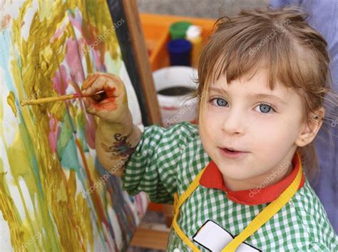 Artist School Little Girl Painting Watercolors Portrait — Stock Photo