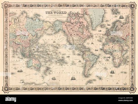 Mapa del Mundo de Colton sobre la Proyección de Mercator 1858 por J H