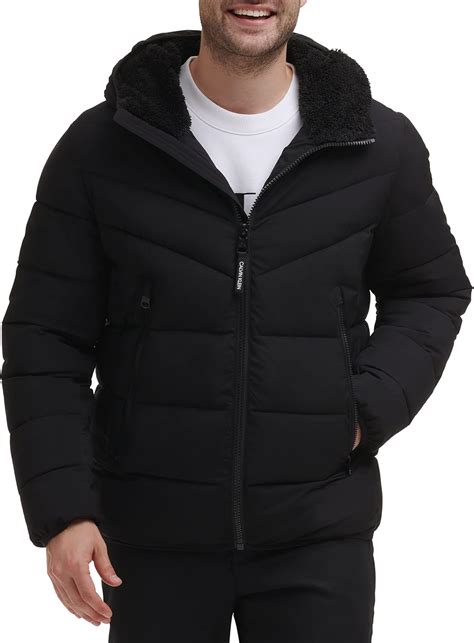 Calvin Klein Mens Winter Coat Puffer Stretch Jacket With Sherpa Hood Jacket Buy Online At