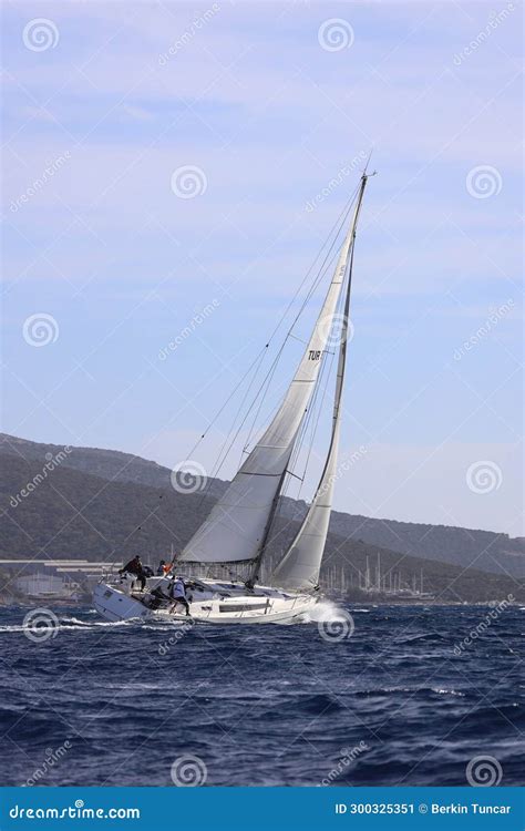 Sailboats Sail in Windy Weather in the Blue Waters of the Aegean Sea ...