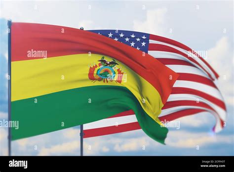 Waving American flag and flag of Bolivia. Closeup view, 3D illustration ...