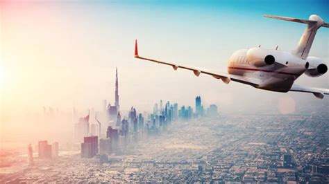 Private Jet Plane Flying Dubai City Beautiful Sunset Light Modern