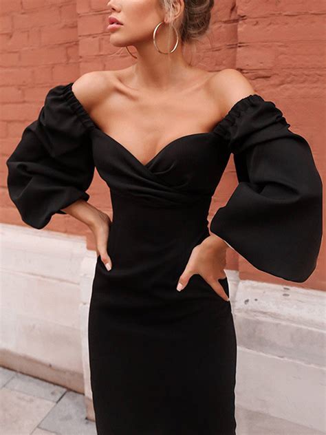 Black V Neck Puff Sleeve Midi Dress Choies