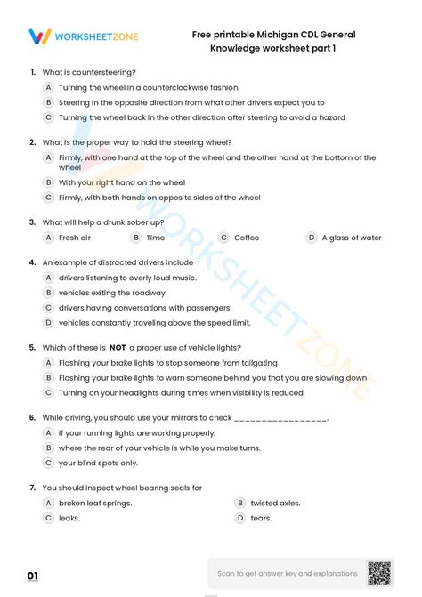 Free Printable Michigan Cdl General Knowledge Worksheet Part 1