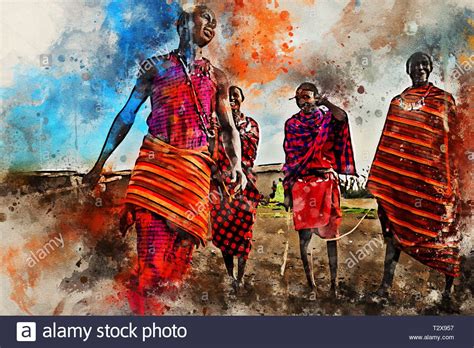 Watercolor Painting Of Masai Tribe Performing Traditional Dances In