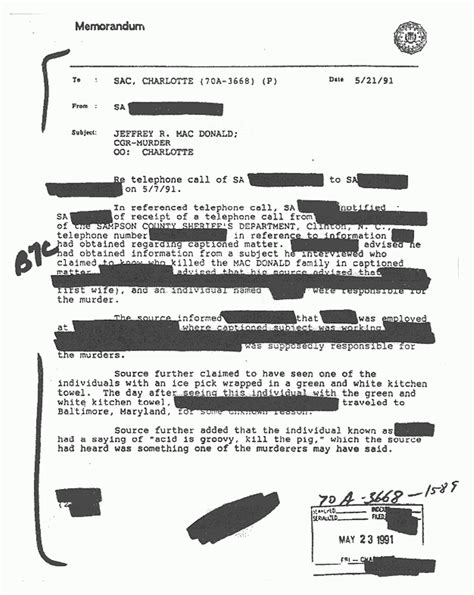 Fbi Memo Re Information Received In The Jeffrey Macdonald Case Jeffrey Macdonald Case