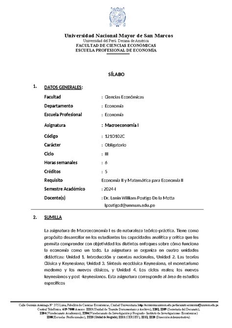 Silabo Macroeconom A I Universidad Del Per Decana De